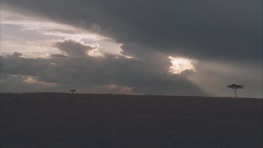 dramatic shafts of light over African savannah clouds storm approaching