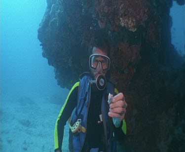 Diver offering bait to camera as if feeding fish