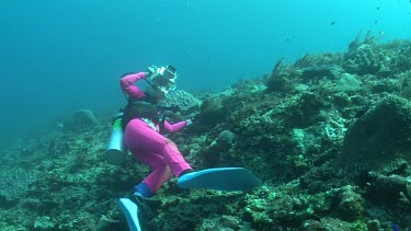 Scuba diver photographing on a reef