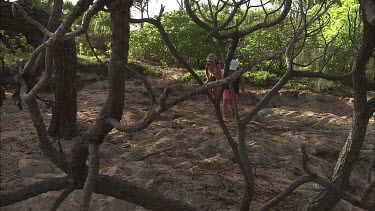 Two girls walking to see a green turtle. Green turtle laying eggs.