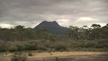 Mountain silhouetted behind a river