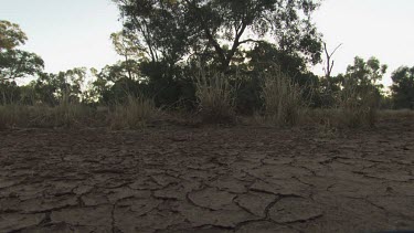 Hiker walking across a dry, cracked riverbed