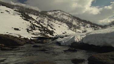 Stream flowing through snow-covered mountains