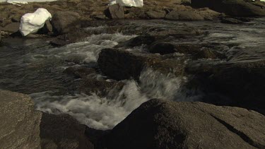 Stream flowing through snow-covered mountains