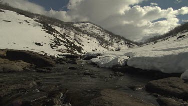Stream flowing through snow-covered mountains