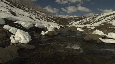 Stream flowing through snow-covered mountains