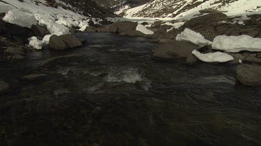 Stream flowing through snow-covered mountains