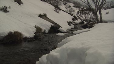 Snow banking a flowing mountain stream