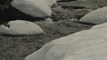 Snow banking a flowing mountain stream