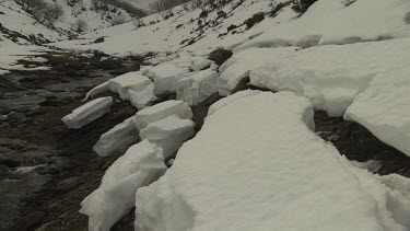 Snow banking a flowing mountain stream