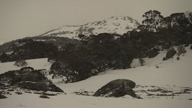 Snow falling on a mountain landscape