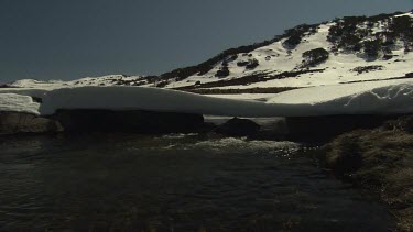 River flowing by a snowy mountain landscape