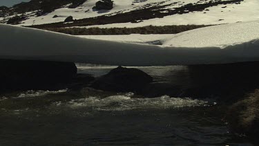 River flowing by a snowy mountain landscape