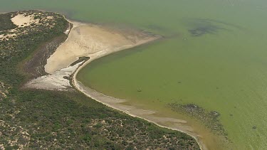 Sunlit green water and the sandy coast of Coorong National Park