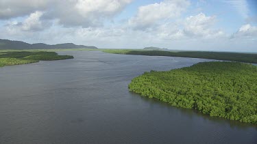 Aerial view of a sunlit, winding river through a forested landscape