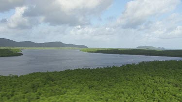 Aerial view of a sunlit, winding river through a forested landscape