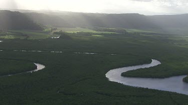 Aerial view of a sunlit, winding river through a forested landscape