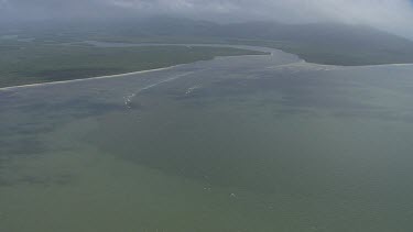 Aerial view of the ocean and a forested coast in Daintree National Park