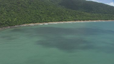 Aerial view of the ocean and a forested coast in Daintree National Park