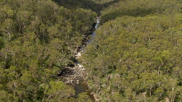 Aerial of Kosciuszko National Park -  Tracking through forest and river landcape