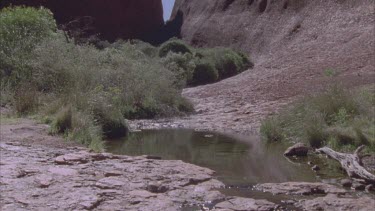 Tilt up from water in Walla Gorge to sheer rock boulders of Kata Juta