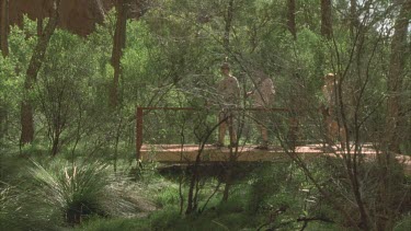 tourists walk onto boardwalk and peer out over waterhole