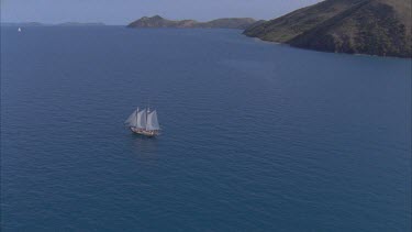 track over blue waters and yacht under sail