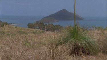 vista over islands through grass tree in fg