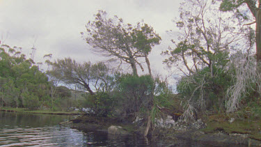 Pan from boat over islands in Bathurst Harbor with mountains in the background. Drab colours.