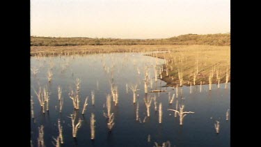 Over wetland. Could be flooded flood plain. Dead trees poke up above water.