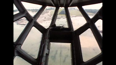 Cargo plane landing interior shot through nose window