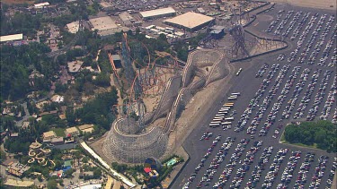 Rollercoaster, amusement park, Southern California. Wide Shot