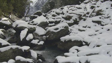 Tracking shot stream, valley with coniferous trees (spruce or pine) rocky valley floor created by rock falls and erosion. River with thawing ice and snow.