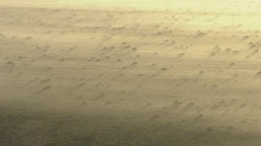 Land with clouds hanging over, dots of darkened trees appear through the clouds.