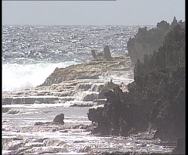Waves crashing on coastline, cliffs and jagged rocks.