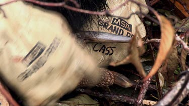 Extreme close up of park rangers gloved hand holding powerful claws of captured cassowary.