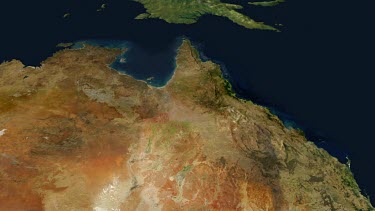 Computer Generated Image of Australia and Papua New Guinea as if from space, from a satellite or a spacecraft. Highlighted areas of Tropical North Queensland shows remnant tropical rainforest which is...