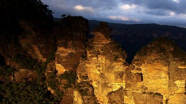 Aerial - Blue Mountains Region -The Three Sisters sandstone rock formation, one of the region's best-known attractions