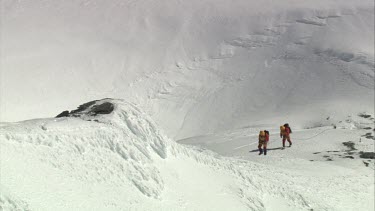 Aerial of Mount Everest: Climbers walking up