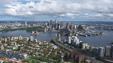Sydney to Blue Mountains - Aerial - View from North Sydney City of Harbour Bridge, Sydney City, Opera House, Ferry Wharf