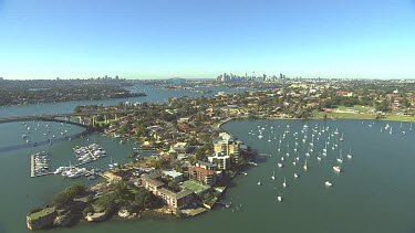 Sydney North Shore suburbs and inner west. Huntley's point, over Drummoyne and Rozelle to Sydney CBD. Gladesville bridge.