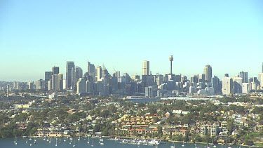 Sydney City CBD with suburbs in foreground. Wide Shot. Long Shot.
