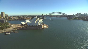 Sydney Harbour Bridge and Opera House. Wide shot and medium shot.