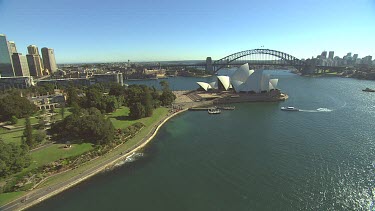 Sydney Harbour Bridge and Opera House. Wide Shot.