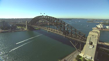 Sydney Harbour Bridge with Australian flags. Close Up