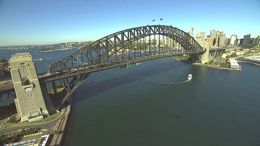 Sydney Harbour Bridge with city CBD. Medium shot.