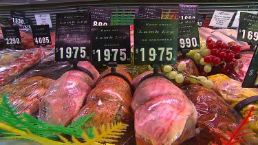 Cuts of meat, lamb, in butcher's shop window.