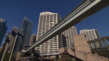 Darling Harbour monorail, Sydney. Skyscrapers skyline in background. Office buildings