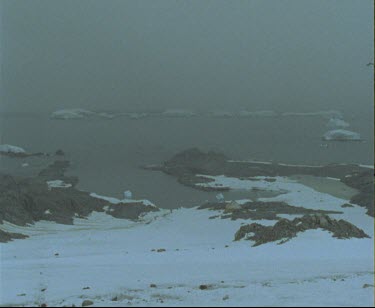 Antarctic coast. Cape Denison Commonwelath Bay. Locked Off shot, looking towards ocean. See Mawsons Huts in distance