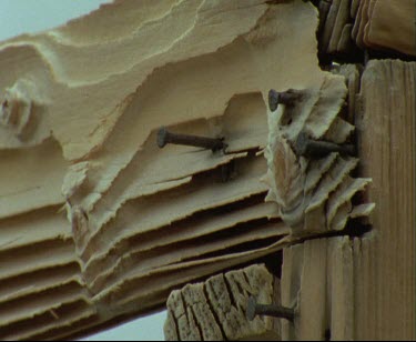 Timber, nails and pieces of wood. Timber construction details